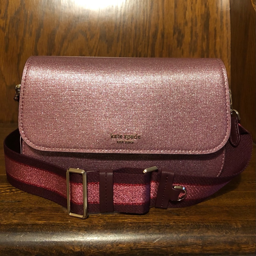 NWT-Kate Spade-Buddie Glitter Striped Medium Shoulder Bag w/ Strap-Pink-$298